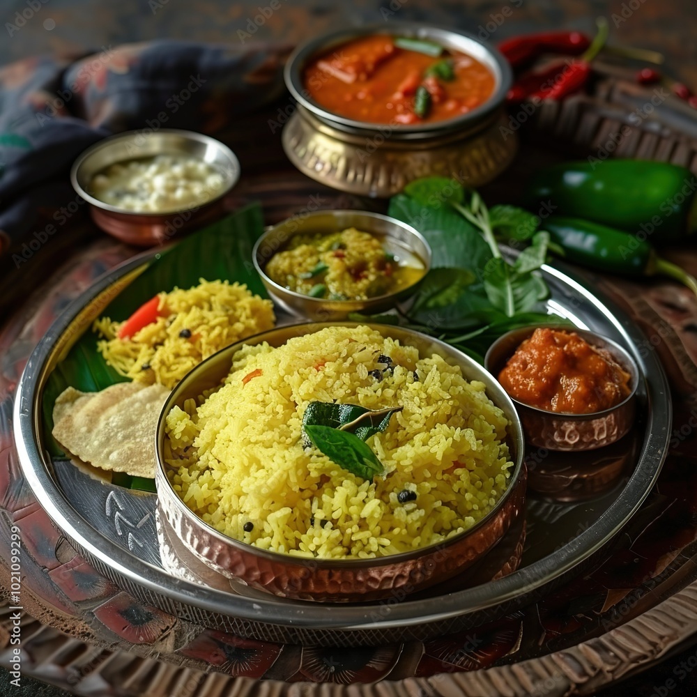 Bengali Bhog food for Indian Hindu Durga Puja or pooja festival. Khichadi, labra, tomato chutney Bengali Bhog food for Indian Hindu Durga Puja or pooja festival. Khichadi, labra, tomato chutney