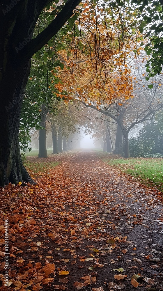 A serene foggy autumn path covered with orange leaves, surrounded by majestic trees with golden-brown foliage, creating a tranquil and peaceful atmosphere. A serene foggy autumn path covered with orange leaves, surrounded by majestic trees with golden-brown foliage, creating a tranquil and peaceful atmosphere.