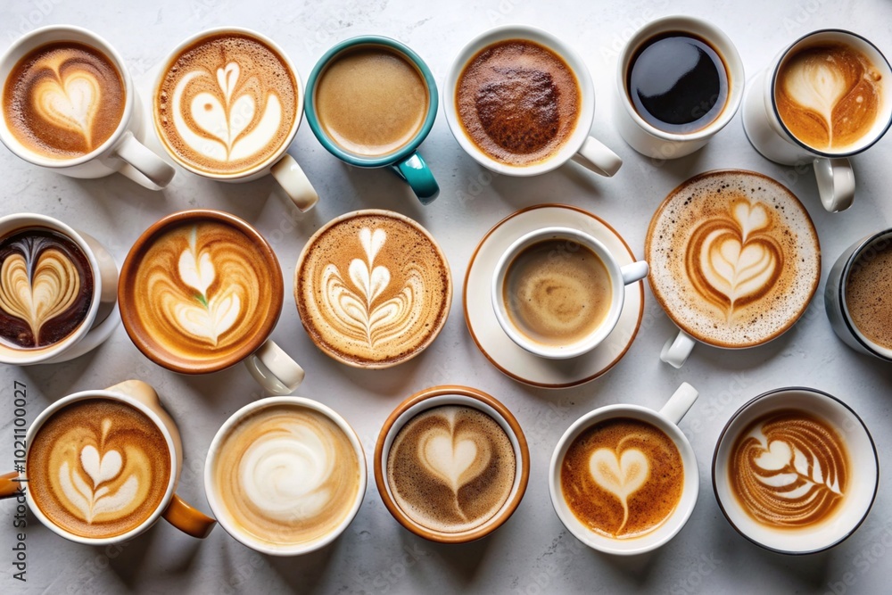 Lots of mugs of different coffee and coffee drinks on a white table. Top view, flat lay Lots of mugs of different coffee and coffee drinks on a white table. Top view, flat lay