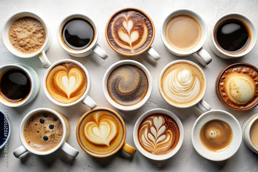 Lots of mugs of different coffee and coffee drinks on a white table. Top view, flat lay Lots of mugs of different coffee and coffee drinks on a white table. Top view, flat lay