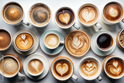 Lots of mugs of different coffee and coffee drinks on a white table. Top view, flat lay