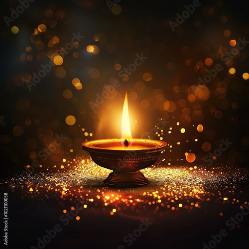 Diwali Hindu Festival Of Lights. Happy durga puja or diwali background image with copy space. Traditional oil lamp or diya at night time to celebrate Indian hindu festival.