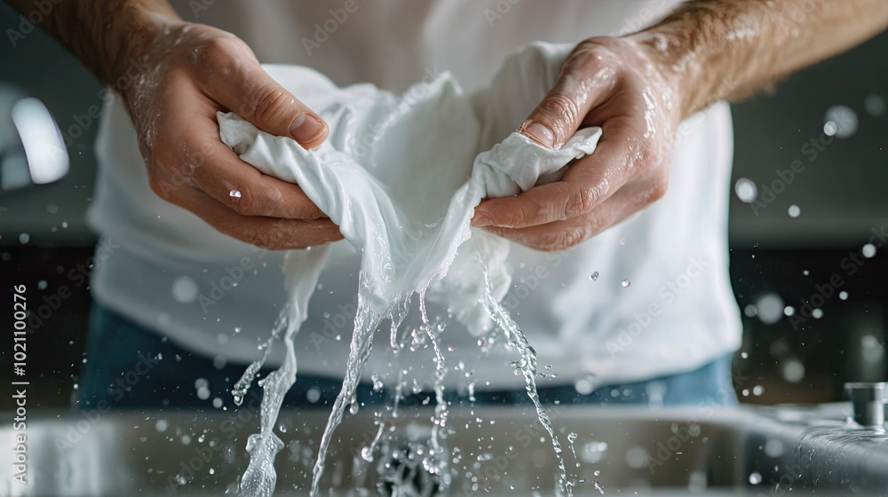 Fototapeta premium Close-up of hands wringing out a soaked t-shirt over a sink, water droplets splashing as the fabric is tightly twisted.