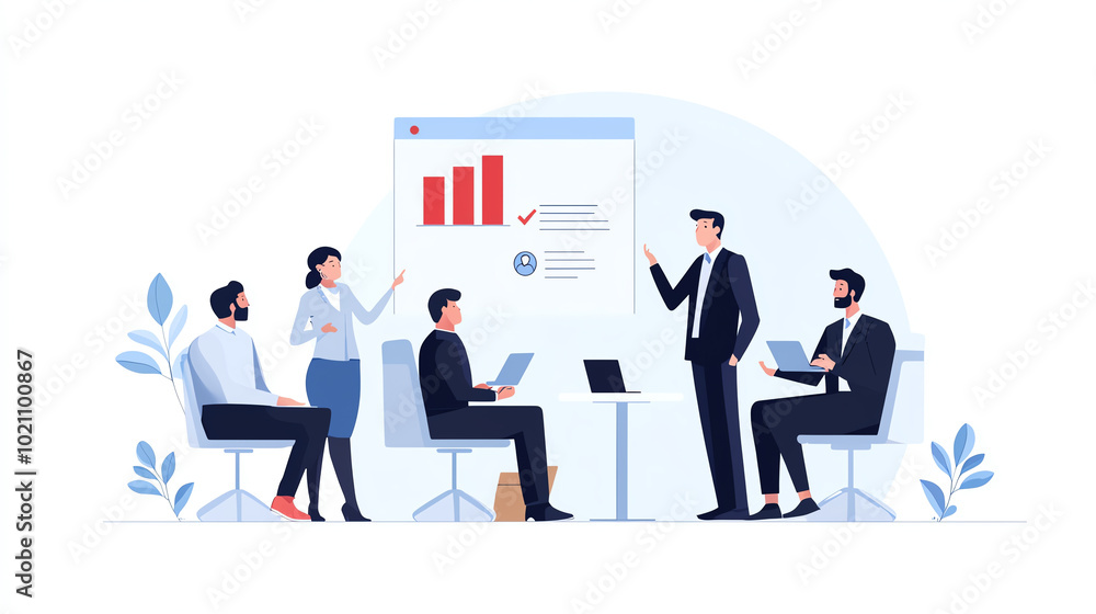 Business team discussing data and strategies during a meeting in a modern office. Collaborative environment with digital presentations.