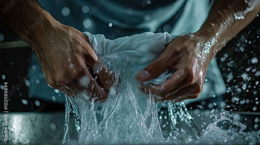 Close-up of hands wringing out a soaked t-shirt over a sink, water droplets splashing as the fabric is tightly twisted. Close-up of hands wringing out a soaked t-shirt over a sink, water droplets splashing as the fabric is tightly twisted.