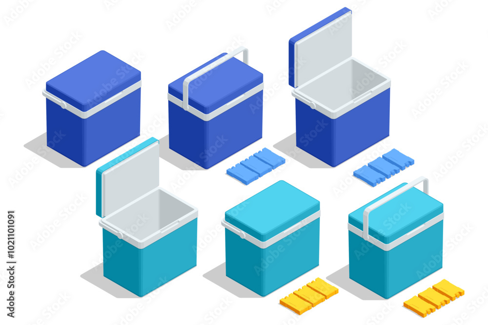 Isometric set of Blue cooler bag on white background. Thermal bag. Delivery bag set. Blue camping freezer. Delivery bag for for office or travel Isometric set of Blue cooler bag on white background. Thermal bag. Delivery bag set. Blue camping freezer. Delivery bag for for office or travel