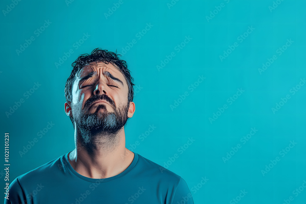 Caucasian man with sad gesture on blue background. Blue monday concept. Mental health concept. Caucasian man with sad gesture on blue background. Blue monday concept. Mental health concept.