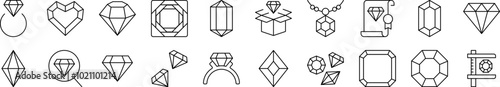 Diamond, Gem Collection of Outline Symbols of Crystals Drawn with Thin Line for apps, web sites, banners, infographics and other types of design