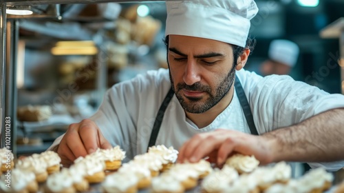 A male baker meticulously arranges pastries in a bakery.