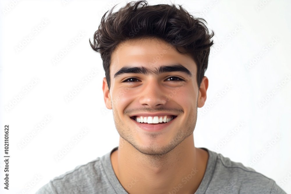 Smiling Young Man with Casual Hairstyle and Gray Shirt Smiling Young Man with Casual Hairstyle and Gray Shirt