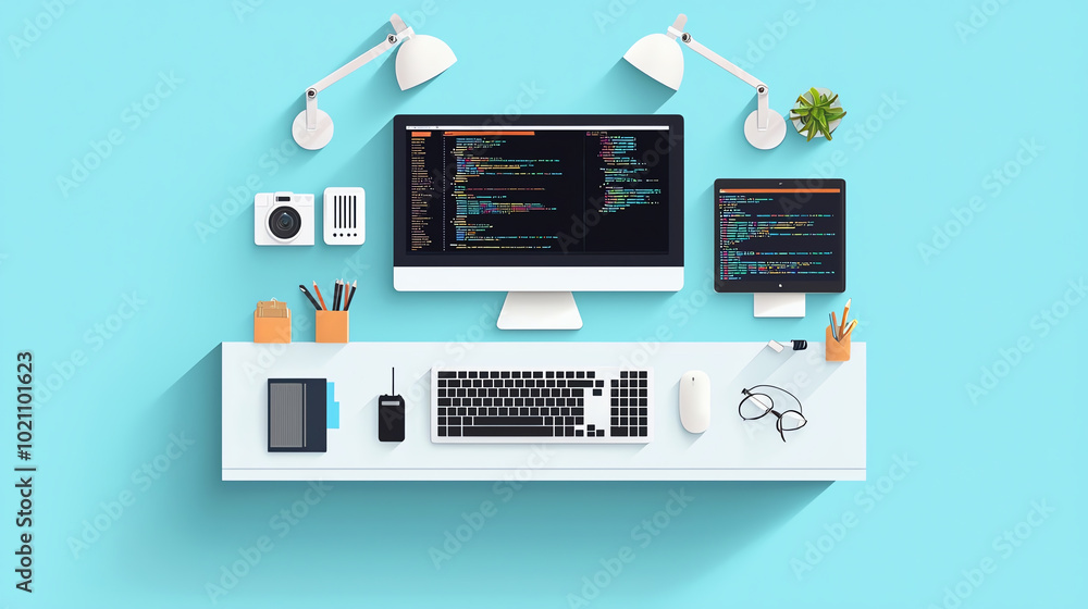 Modern workspace setup featuring a computer, tablet, and stylish decor on a light blue background. Modern workspace setup featuring a computer, tablet, and stylish decor on a light blue background.