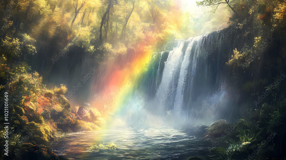 A rainbow appearing over a waterfall in a dense forest, with mist rising from the falls and sunlight streaming through the trees. Rainbow Over Waterfall. Illustration A rainbow appearing over a waterfall in a dense forest, with mist rising from the falls and sunlight streaming through the trees. Rainbow Over Waterfall. Illustration