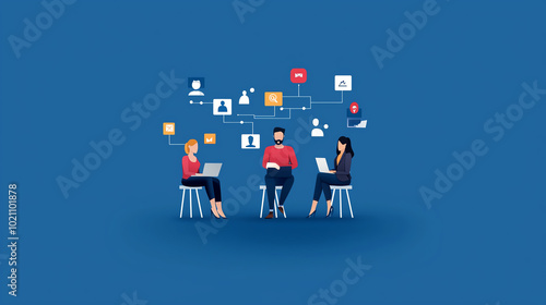 Three professionals collaboratively working on laptops, surrounded by digital icons representing communication and technology.