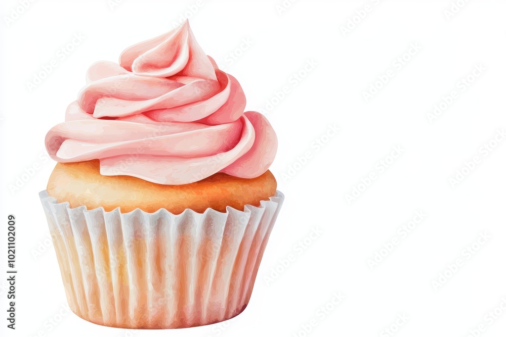 Hand-painted cupcake with creamy pink swirl frosting, watercolor style, isolated on white, ideal for dessert menus or sweet-themed designs Hand-painted cupcake with creamy pink swirl frosting, watercolor style, isolated on white, ideal for dessert menus or sweet-themed designs