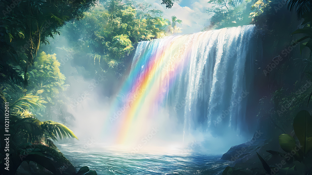 A rainbow arching over a waterfall, with sunlight glistening off the mist in a tropical rainforest. Rainbow Over Waterfall. Illustration A rainbow arching over a waterfall, with sunlight glistening off the mist in a tropical rainforest. Rainbow Over Waterfall. Illustration
