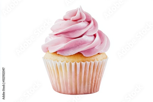 Hand-painted cupcake with creamy pink swirl frosting, watercolor style, isolated on white, ideal for dessert menus or sweet-themed designs