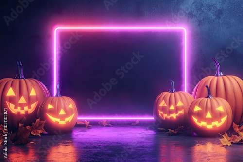 halloween pumpkins with neon light frame with empty space in the center. 3d rendering  with generative ai