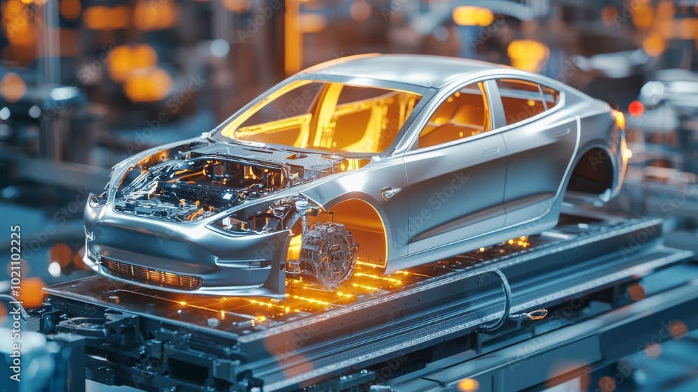 A silver car is on a conveyor belt with its hood open A silver car is on a conveyor belt with its hood open