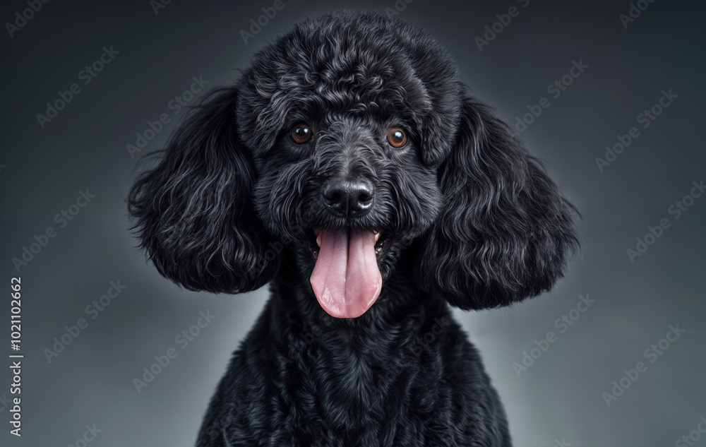 a portrait of a black poodle with a happy expression, wearing a black collar, sitting against a gray background. a portrait of a black poodle with a happy expression, wearing a black collar, sitting against a gray background.