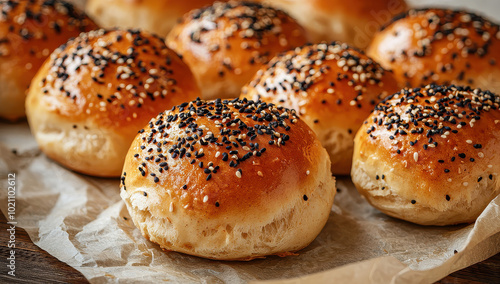 A tempting arrangement of freshly baked burger buns, showing off their golden color and fluffy texture, dusted generously with mixed black and white sesame seeds.