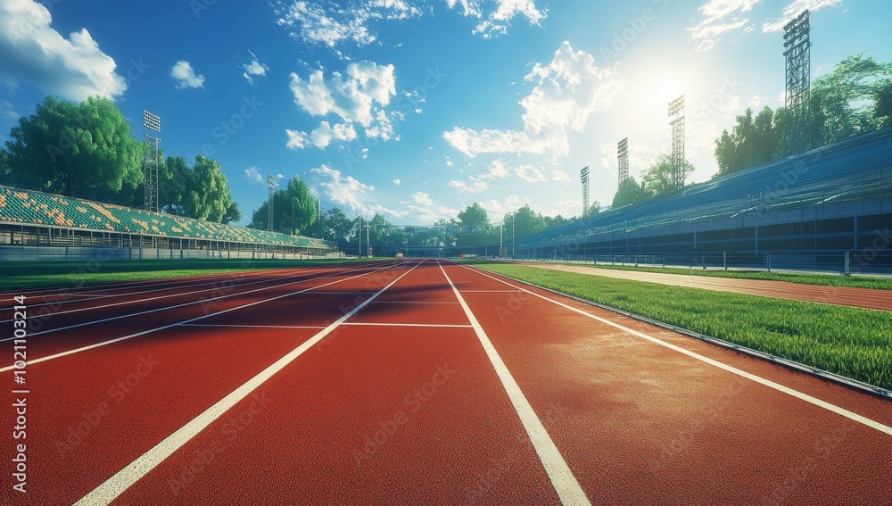 A track field with a stadium in the background A track field with a stadium in the background