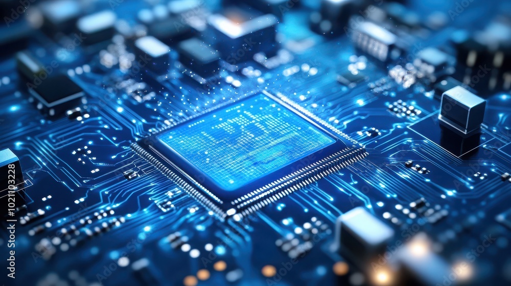 Close-up of a blue microchip on a circuit board. Close-up of a blue microchip on a circuit board.