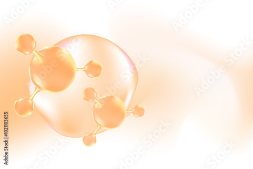 Nude beige 3d glass molecule, collagen formula, with light pink watercolor background. Hyaluronic acid serum chemical formula backdrop with copy space. Beauty treatment nutrition wallpaper