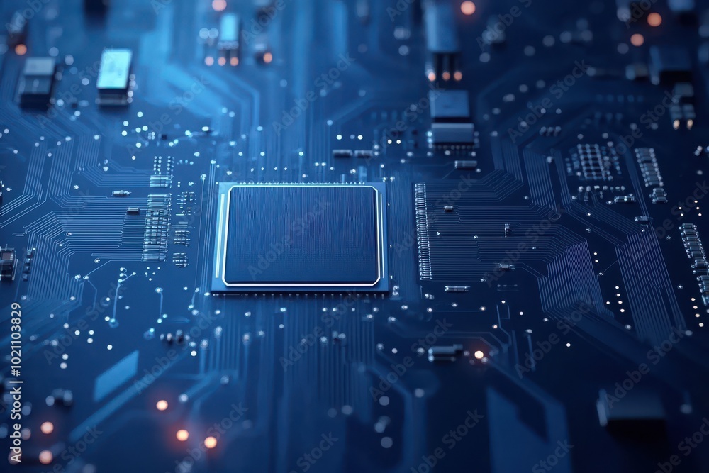Close-up of a microchip on a circuit board Close-up of a microchip on a circuit board