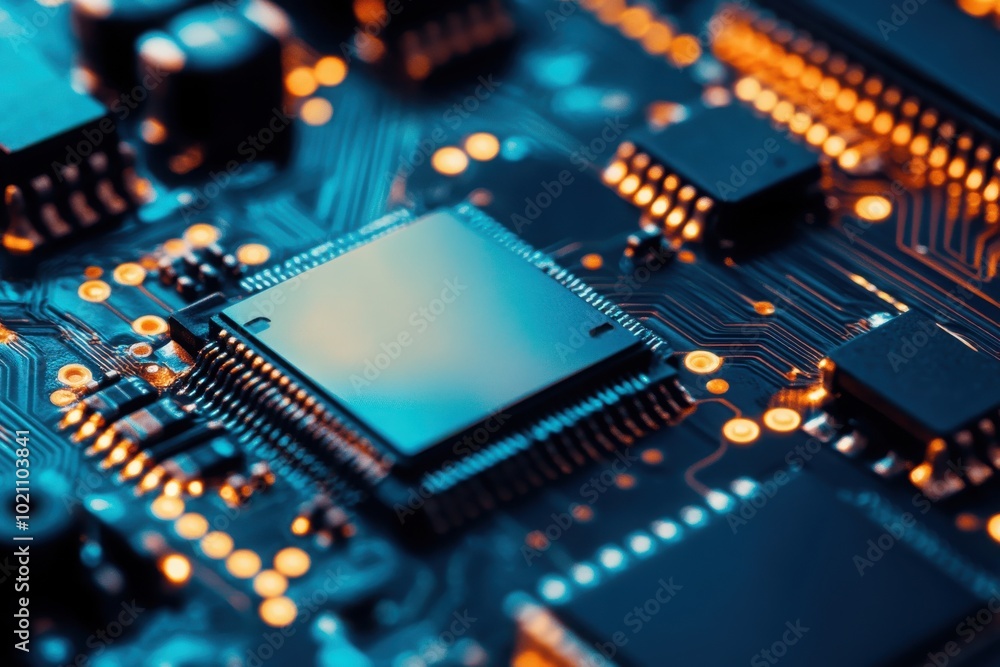 Close-up of a microchip on a circuit board Close-up of a microchip on a circuit board