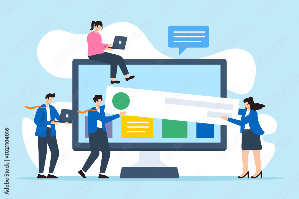 Flat illustration of business people carry web banner creating website on computer screen Flat illustration of business people carry web banner creating website on computer screen