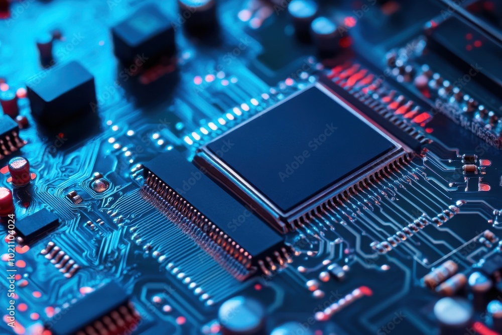 Close-up of a microchip on a circuit board Close-up of a microchip on a circuit board