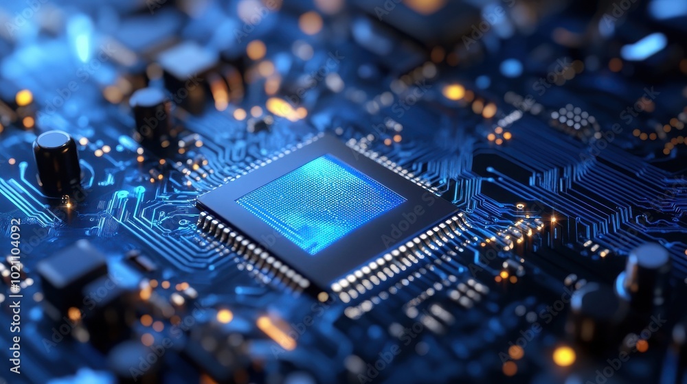 Close-up of a microchip on a circuit board. Close-up of a microchip on a circuit board.