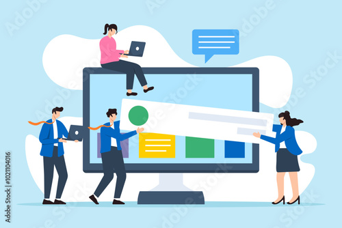 Flat illustration of business people carry web banner creating website on computer screen