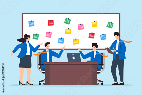 Flat illustration of business people brainstorm and discuss ideas in workshop meeting room with sticky notes