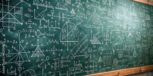 A chaotic blackboard covered in mathematical equations, geometric shapes, and scientific formulas, representing the endless pursuit of knowledge and the beauty of abstract concepts. photo