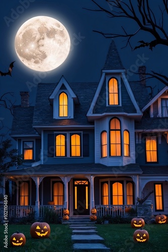 Scary halloween background with haunted house and full moon. Halloween concept with Haunted House. Halloween Night with a spooky house and bats.