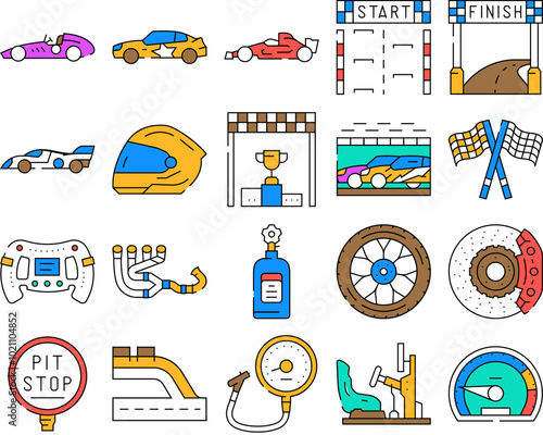 car speed auto race icons set vector. sport drive, road vehicle, automobile fast, automotive blue, motion car speed auto race color Contour Illustrations