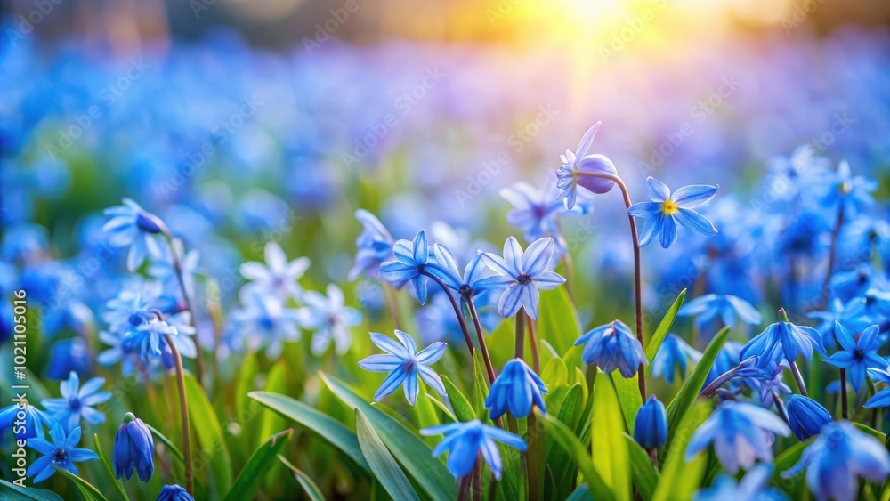 Fototapeta premium A vibrant field of delicate blue spring flowers basking in the warm glow of the setting sun, a symphony of nature's beauty and grace.
