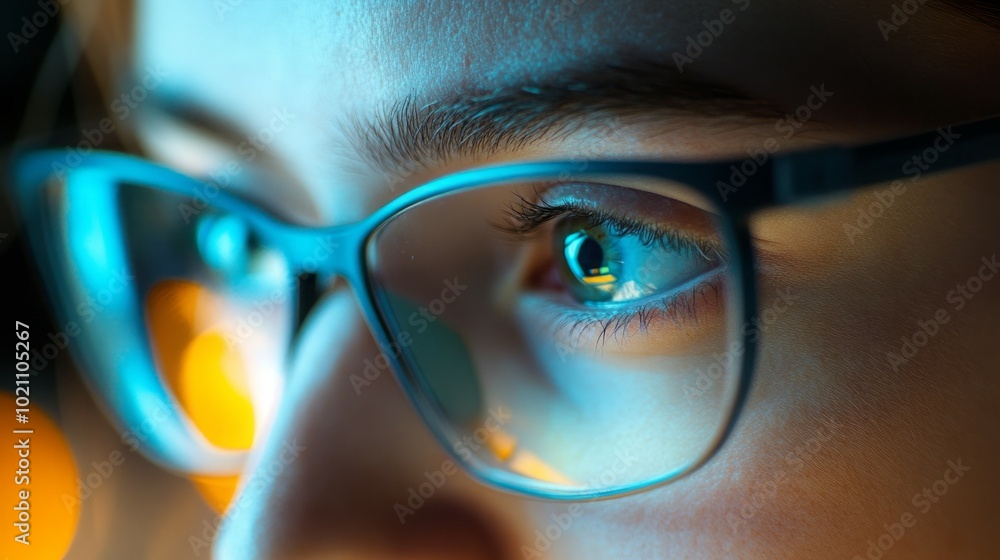 Close up of a person's eye wearing glasses, looking at a screen. Close up of a person's eye wearing glasses, looking at a screen.