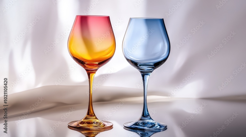 A pair of colored glass wine glasses set on a reflective surface, with soft light creating elegant shadows and reflections A pair of colored glass wine glasses set on a reflective surface, with soft light creating elegant shadows and reflections