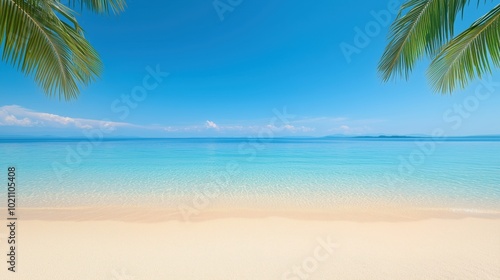 Serene beach with clear blue waters and palm leaves framing the view.