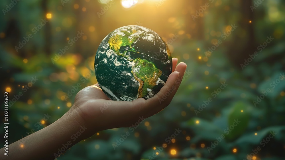 Human Hand Holding Green Earth in Natural Setting, save the world concept Human Hand Holding Green Earth in Natural Setting, save the world concept