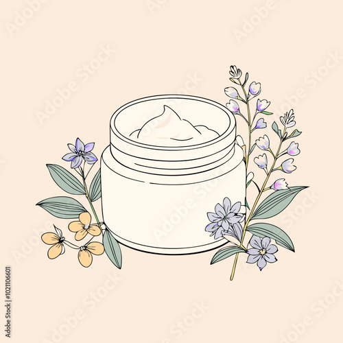 Skincare Cream Jar with Floral Decoration, Botanical Beauty Concept