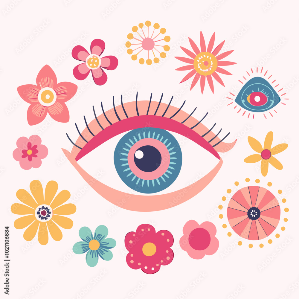 Colorful Eye and Flower Illustration, Retro Pop Art Style Colorful Eye and Flower Illustration, Retro Pop Art Style