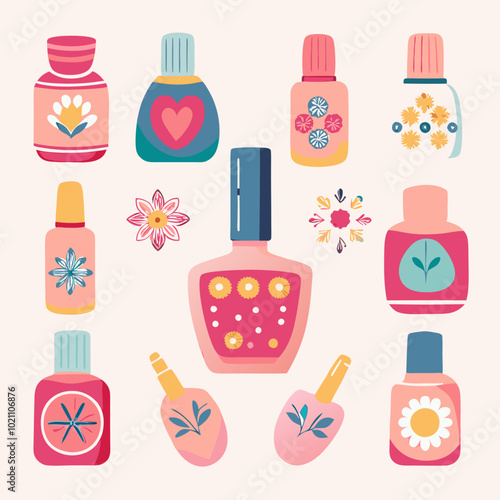 Colorful Nail Polish Bottles with Floral Designs, Playful Beauty 