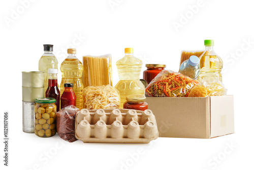 Foodstuffs for donation isolated on white background with clipping path for volunteer to help people. photo