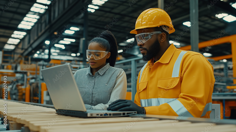 A factory engineer in uniform working in an industrial plant in production using technology. An automated assembly plant A factory engineer in uniform working in an industrial plant in production using technology. An automated assembly plant