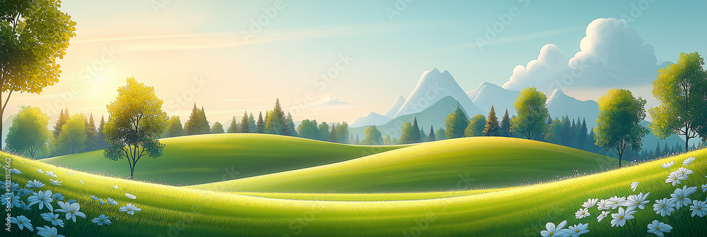 Obraz premium A cute cartoon vector illustration flat cartoon of Green meadow landscape ,Green hills, white clouds ,background,banner.