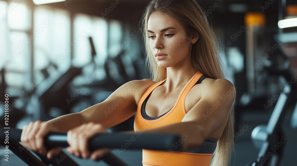 Fototapeta premium Close up of strong muscular woman pushing fitness equipment exercising in gym, fit woman exercising, health