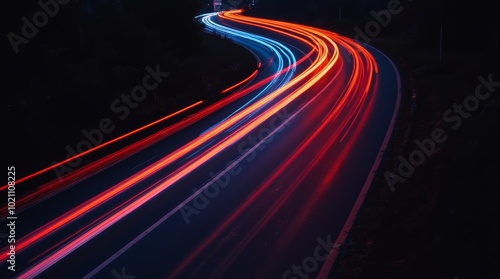 Colorful car light trails, long exposure photo at night, fantastic night scene, top view, a long exposure photo at the night
